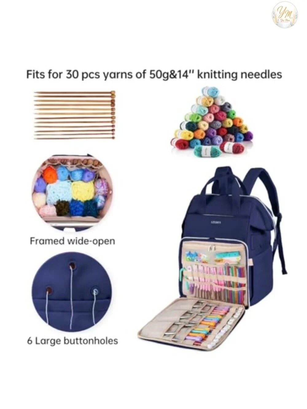 25L Yarn Storage Backpack Knitting Crochet Bag with USB Port for Travel
